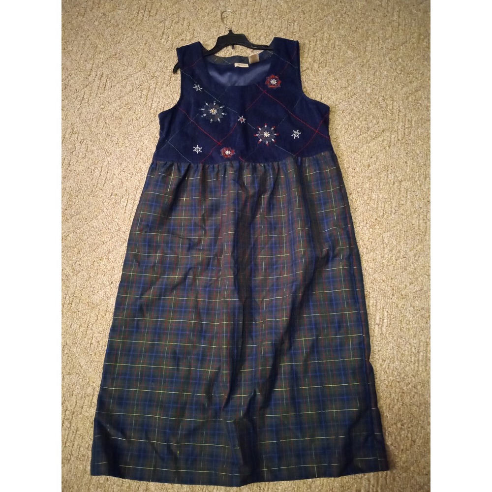 Vintage Blue Faux Suede Plaid Jumper Dress Embroidered Snowflake Holly Maxi‎